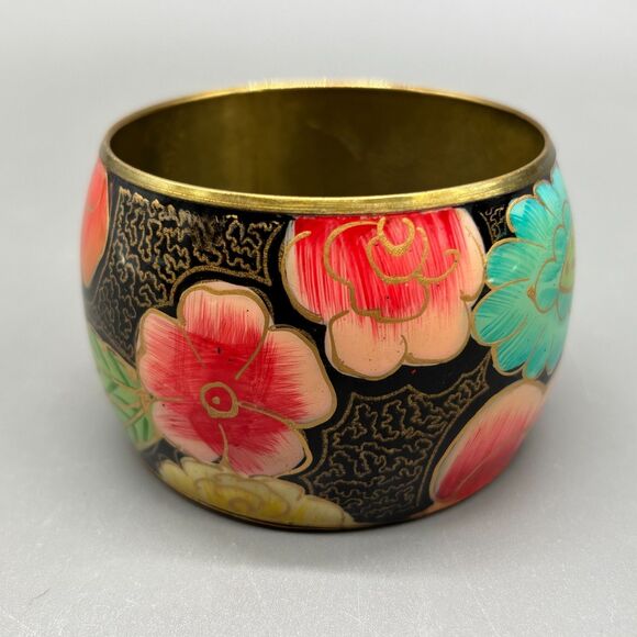 Brass Bangle Bracelet Hand Painted Floral Enamel Wide Boho Retro Vintage Style - Picture 2 of 9